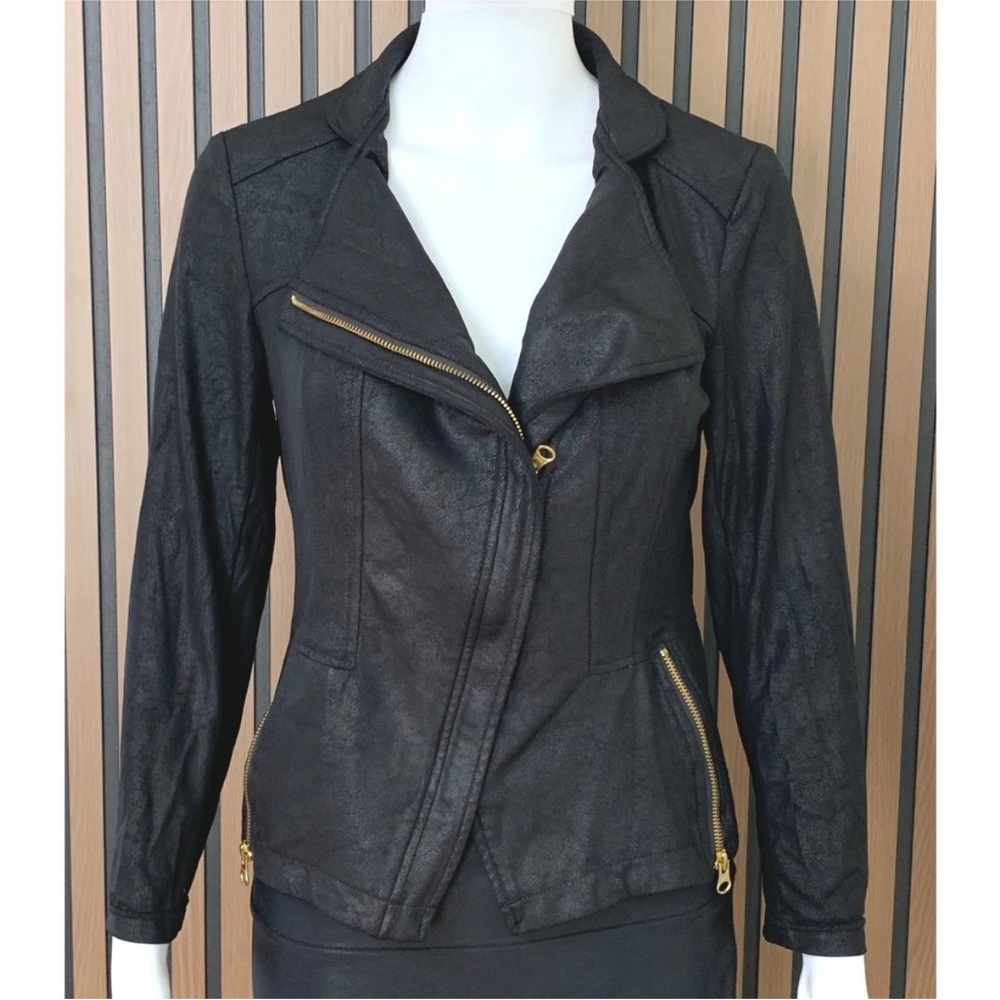 CLARA SUNWOO Black Liquid Leather Moto Jacket with Gold Zippers